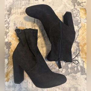 Material Girl Black Suede Block Heel Ankle Boots